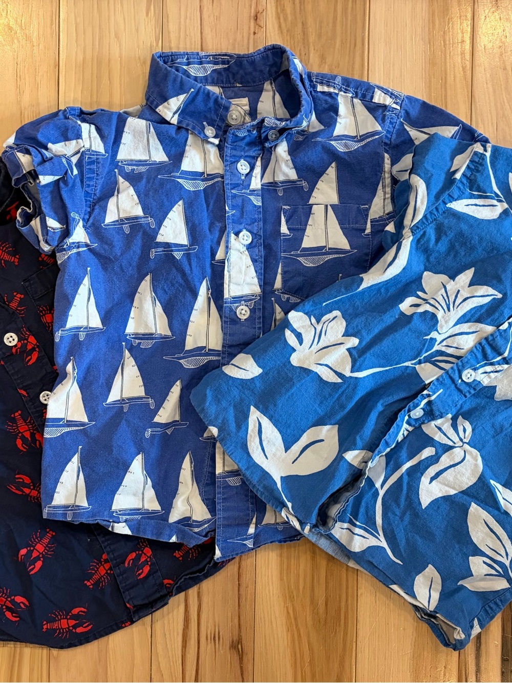 Three button down Crewcuts shirts Blue Sailboat, blue flower and lobster prints